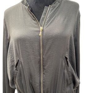 H & M Women Grey Satin Top Long Sleeve Front Gold Zipper